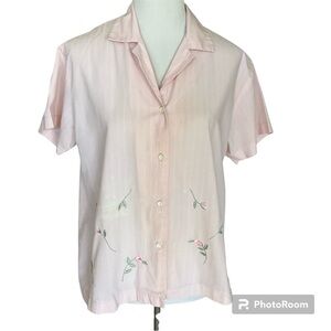 Vintage Pink Pajama Top with Floral Embroidery S